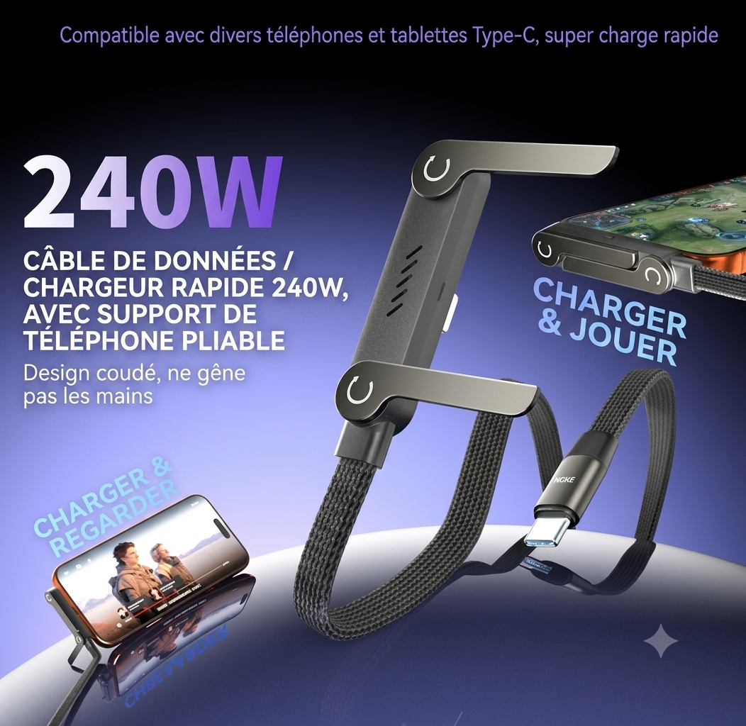 Charge Ultra-Rapide 240W, avec Câble Plat Tissé Durable, Support de Téléphone Pliable Intégré,