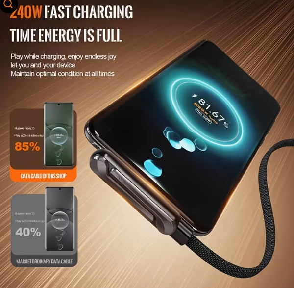 Charge Ultra-Rapide 240W, avec Câble Plat Tissé Durable, Support de Téléphone Pliable Intégré,