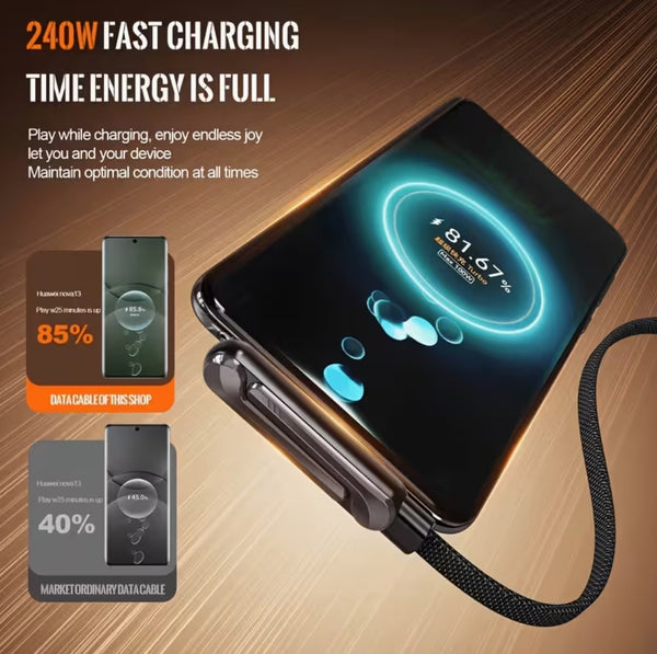 Charge Ultra-Rapide 240W, avec Câble Plat Tissé Durable, Support de Téléphone Pliable Intégré,