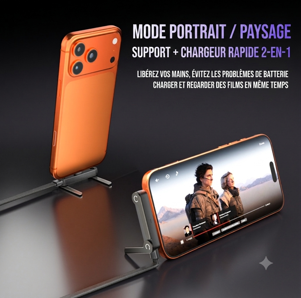 Charge Ultra-Rapide 240W, avec Câble Plat Tissé Durable, Support de Téléphone Pliable Intégré,