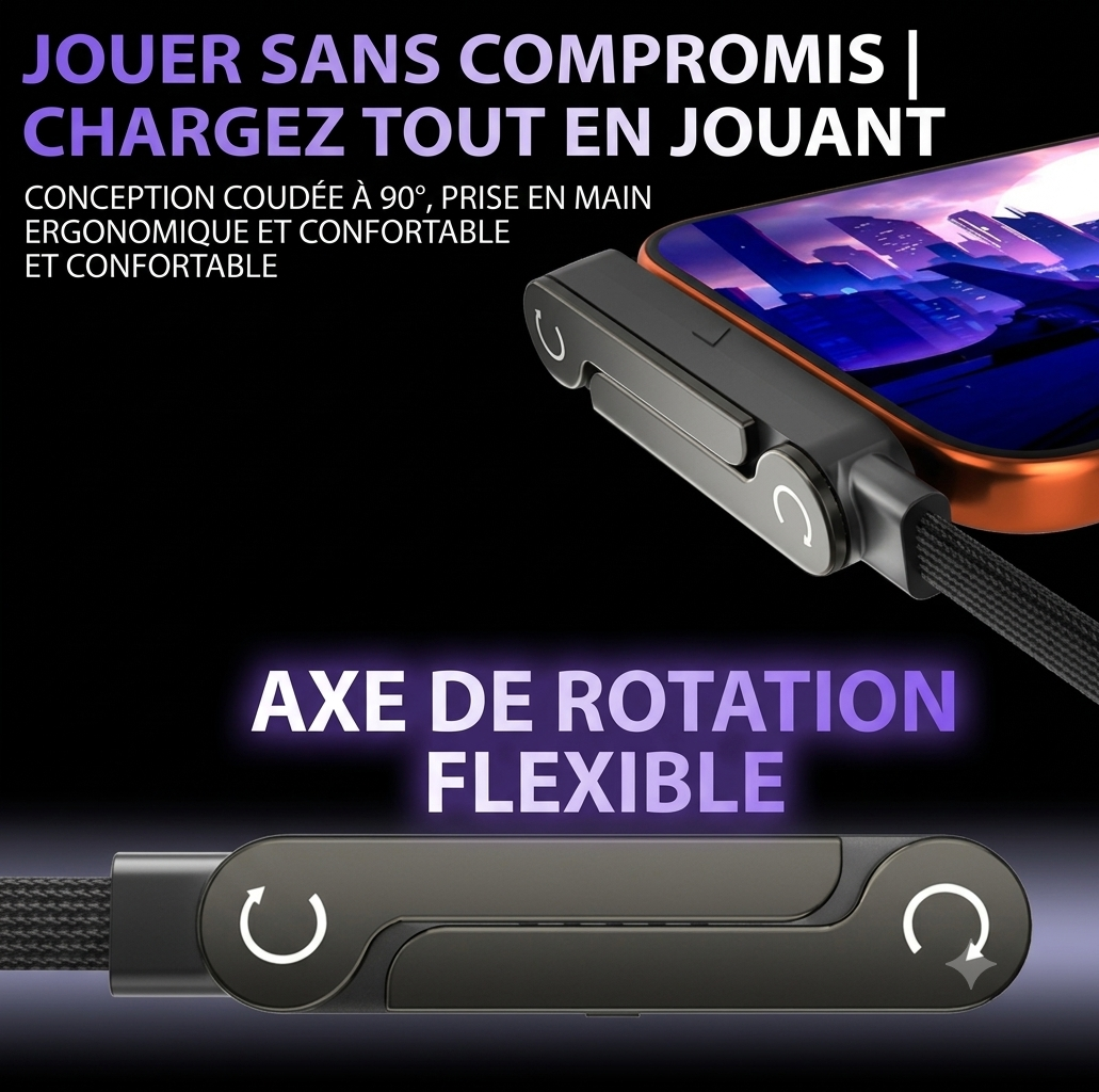 Charge Ultra-Rapide 240W, avec Câble Plat Tissé Durable, Support de Téléphone Pliable Intégré,